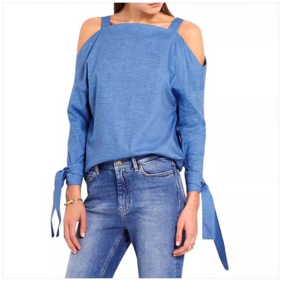 TIBI COLD SHOULDER TIE SLEEVE SQUARE NECK LS BLUE COTTON Denim BLOUSE Sz XS - Picture 1 of 8